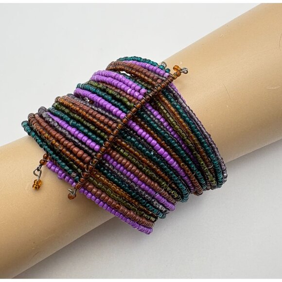 Vintage Multicolor Beaded Coil Bracelet With Purple Green & Brown Seed Beads - Picture 2 of 7